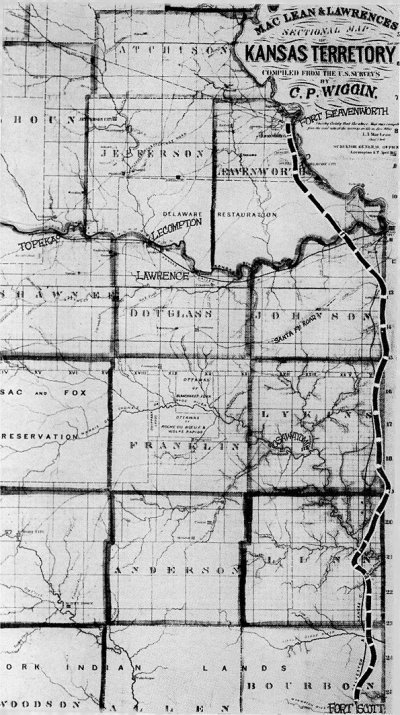 Fort Leavenworth-Fort Scott military road, shown in 1837 survey of Kansas Territory