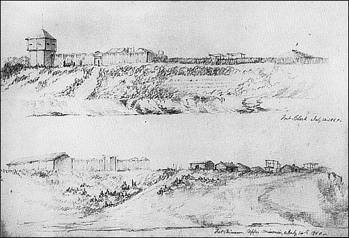 [sketch of fort on a short bluff and another sketch of a road leading to a low fort] 