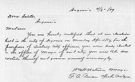 official notice of Mrs. Salter's election, 1887