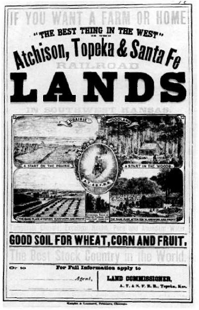 1870's poster advertising Santa Fe railroad land in southwest Kansas