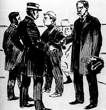 A San Francisco Examiner drawing showing Earp surrendering revolver to Police Capt. Wittman, 1896