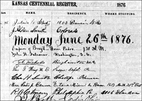 Kansas Centennial Register at Philadelphia Exposition, 1876, showing signature of Brazilian emperor Dom Pedro, II